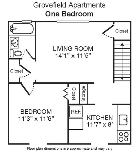 Floor plan for 1 bed, 1 bath